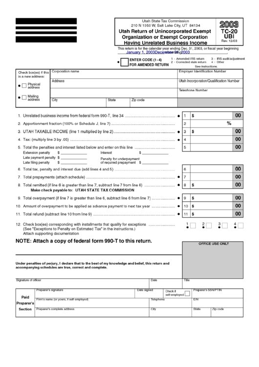 Form Tc-20 Ubi - Utah Return Of Unincorporated Exempt Organization Or Exempt Corporation Having Unrelated Business Income Printable pdf