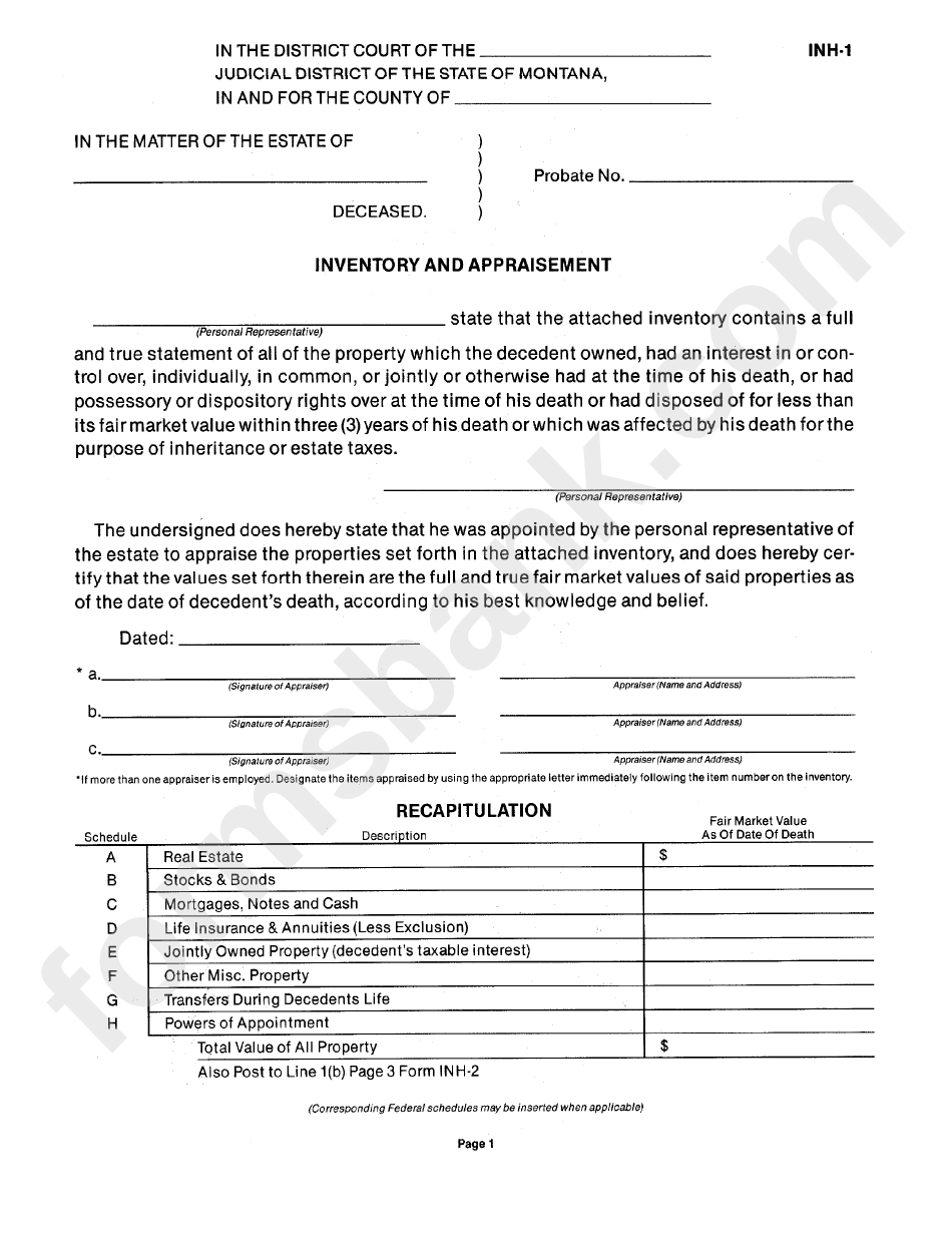 Form Inh-1 - Inventory And Appraisement, And Recapitulation - Montana, District Court
