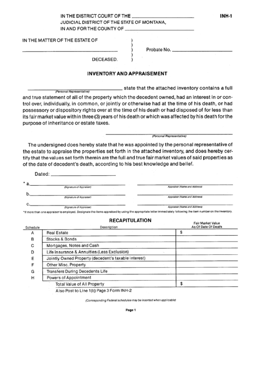 Form Inh-1 - Inventory And Appraisement, And Recapitulation - Montana, District Court Printable pdf