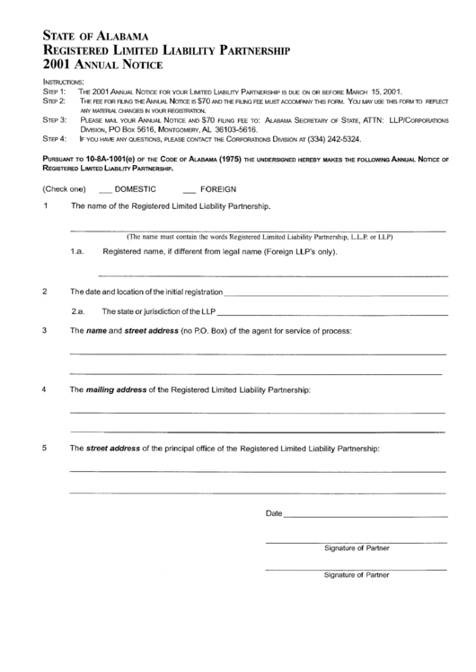 Registered Limited Liability Partnership 2001 Annual Notice - Alabama Secretary Of State Printable pdf