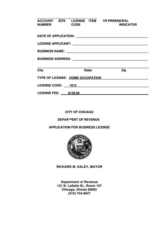 Application For Business License - City Of Chicago Department Of Revenue Printable pdf