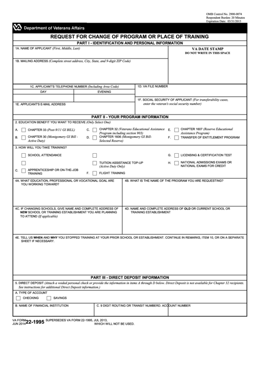 Fillable Va Form 22-1995 - Request For Change Of Program Or Place Of Training Printable pdf