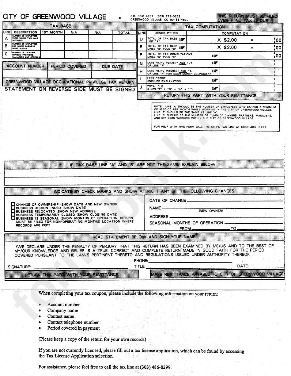 Occupational Privilege Tax Return Form - City Of Greenwood Village, Colorado