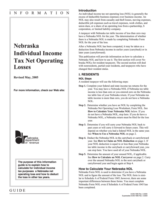 Nebraska Individual Income Tax Net Operating Losses - Instructions Printable pdf