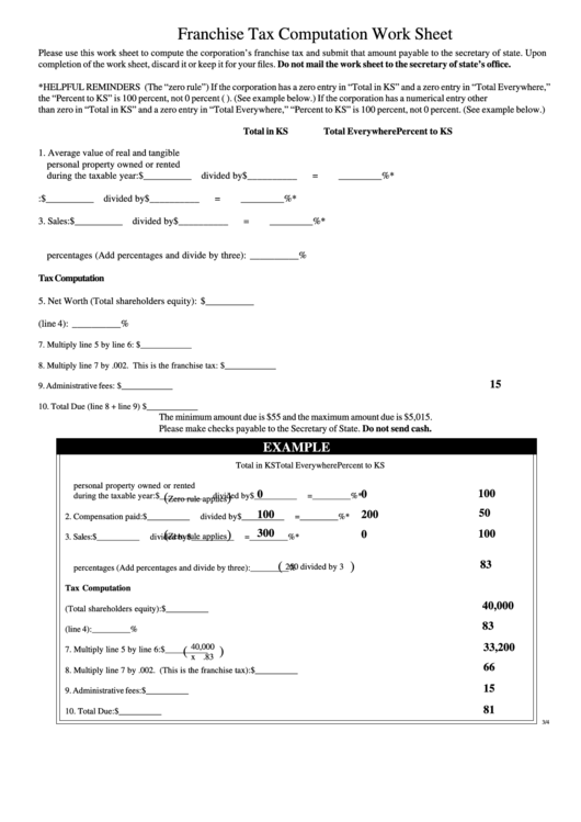 Franchise Tax Computation Worksheet - Kansas Secretary Of State Printable pdf