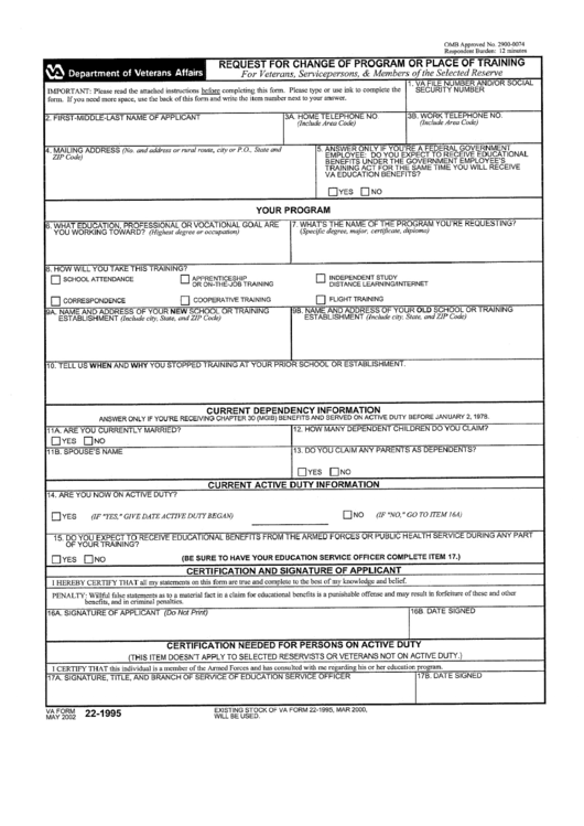 Va Form 22-1995 - Request For Change Of Program Or Place Of Training Printable pdf