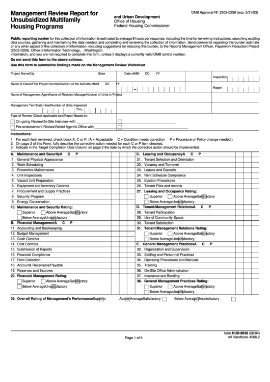 Fillable Form Hud-9838 - Management Review Report For Unsubsidized Multifamily Housing Programs Printable pdf