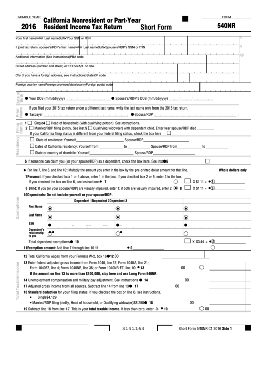 Fillable Short Forrm 540nr - California Nonresident Or Part-Year Resident Income Tax Return - 2016 Printable pdf