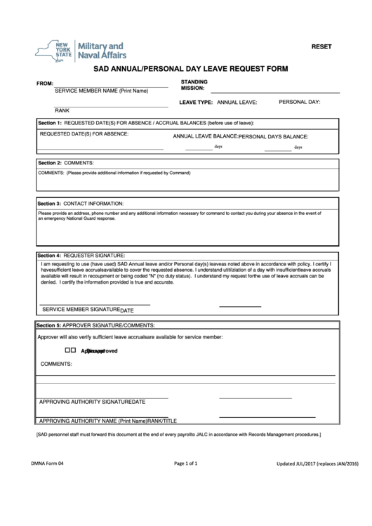 Dmna Form 04 - Annual/personal Day Leave Request Form - New York State Military And Naval Affairs