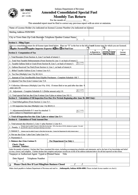 Fillable Form Sf-900x - Amended Consolidated Special Fuel Monthly Tax Return - Indiana Department Of Revenue Printable pdf