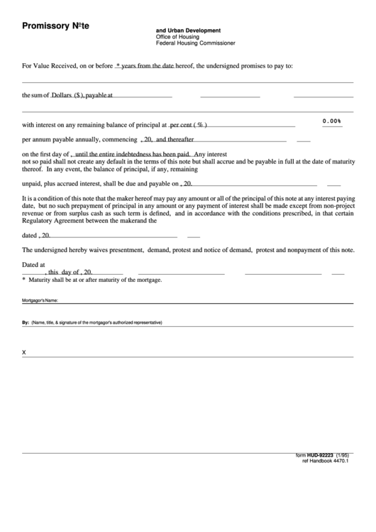 Fillable Form Hud-92223 - Promissory Note - U.s. Department Of Housing And Urban Development Printable pdf