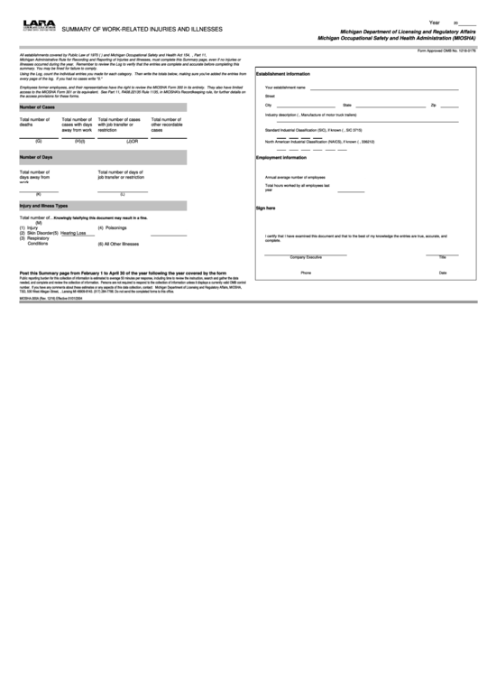 Form Miosha-300a - Summary Of Work-Related Injuries And Illnesses - Michigan Department Of Licensing And Regulatory Affairs Printable pdf