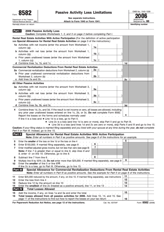 Fillable Form 8582 - Passive Activity Loss Limitations - 2006 Printable pdf