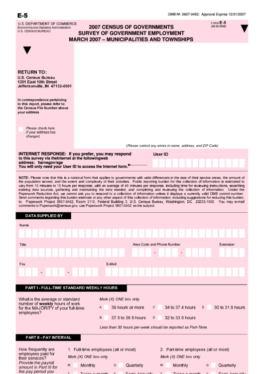 Form E-5 - Census Of Governments - Survey Of Government Employment - 2007 Printable pdf