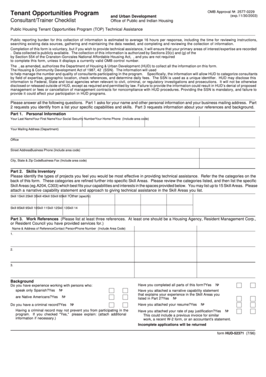 Fillable Form Hud-52371 - Tenant Opportunities Program - U.s. Department Of Housing And Urban Development Printable pdf
