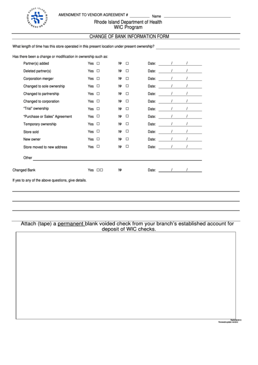 Change Of Bank Information Form - Rhode Island Department Of Health Printable pdf