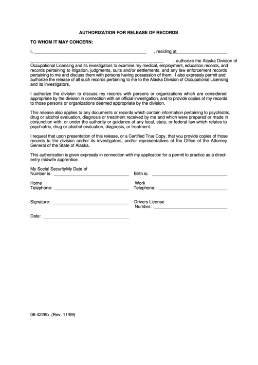 Form 08-4228b - Authorization For Release Of Records Printable pdf