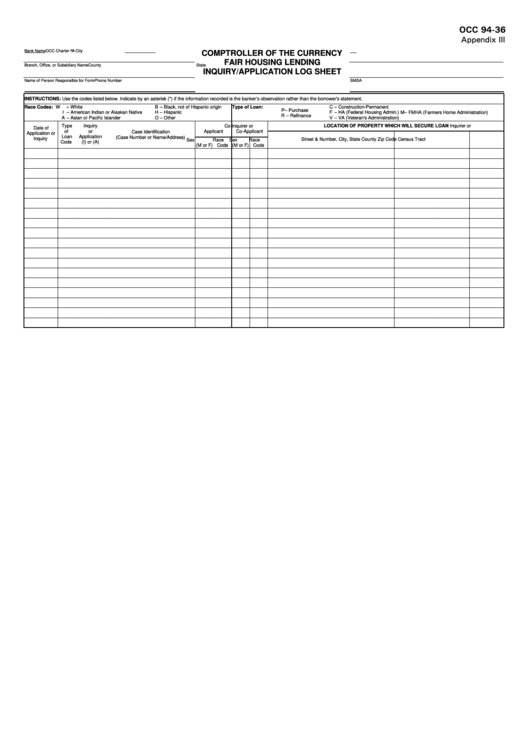 Form Occ 94-36 - Fair Housing Lending Inquiry/application Log Sheet - Comptroller Of The Currency Printable pdf