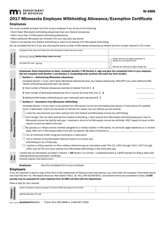 Fillable Form W-4mn - Minnesota Employee Withholding Allowance/exemption Certificate - Department Of Revenue - 2017 Printable pdf