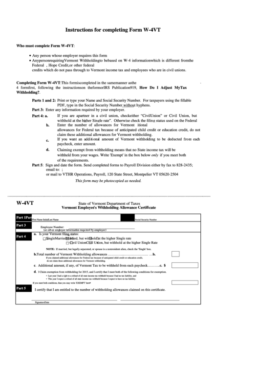 Fillable Form W-4vt - Vermont Employee