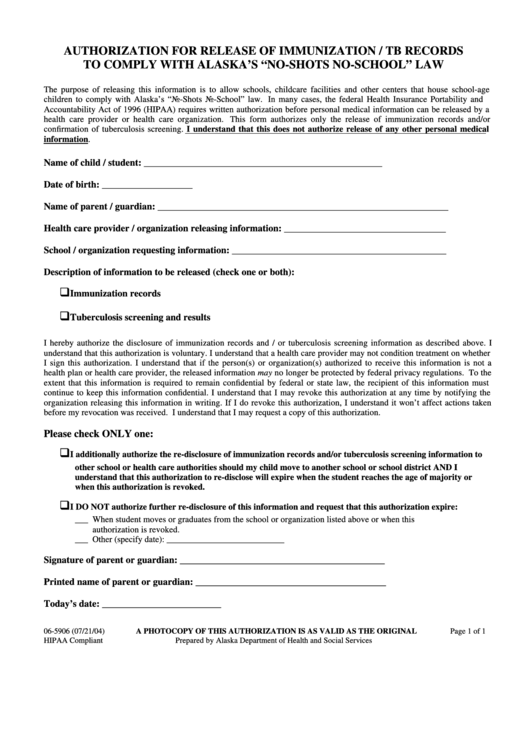 Form 06-5906 - Authorization For Release Of Immunization / Tb Records To Comply With Alaska