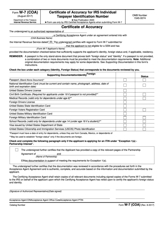 Fillable Form W-7 (Coa) - Certificate Of Accuracy For Irs Individual Taxpayer Identification Number - Department Of The Treasury - 2017 Printable pdf