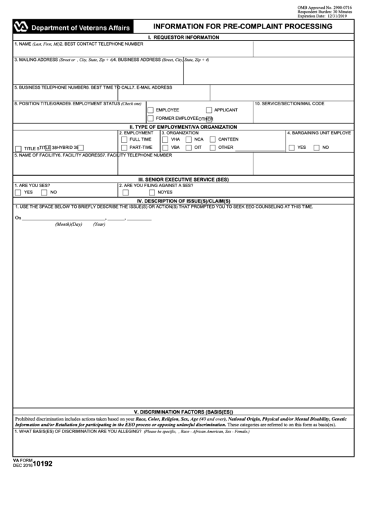 Fillable Va Form 10192 - Information For Pre-Complaint Processing - Department Of Veterans Affairs Printable pdf