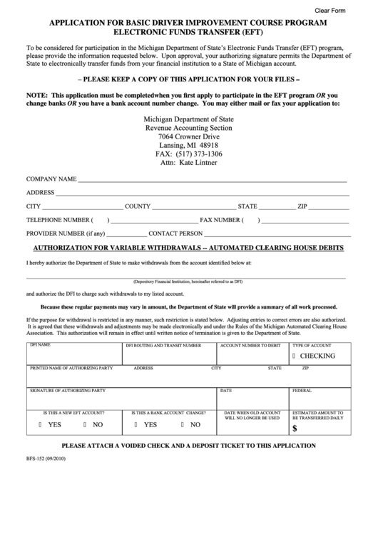 Fillable Form Bfs-152 - Application For Basic Driver Improvement Course Program Electronic Funds Transfer (Eft) - Michigan Department Of State Printable pdf