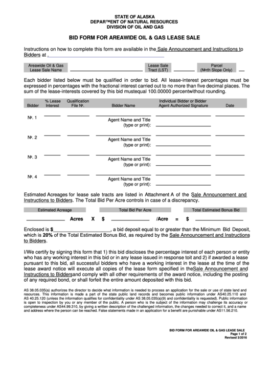 Fillable Bid Form For Areawide Oil & Gas Lease Sale - Alaska Department Of Natural Resources Printable pdf