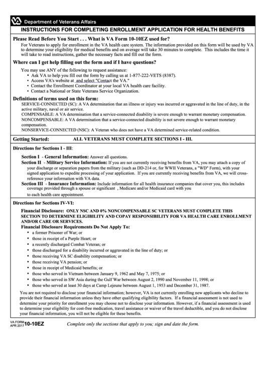 Fillable Va Form 10-10ez - Application For Health Benefits - Department Of Veteran Affairs Printable pdf