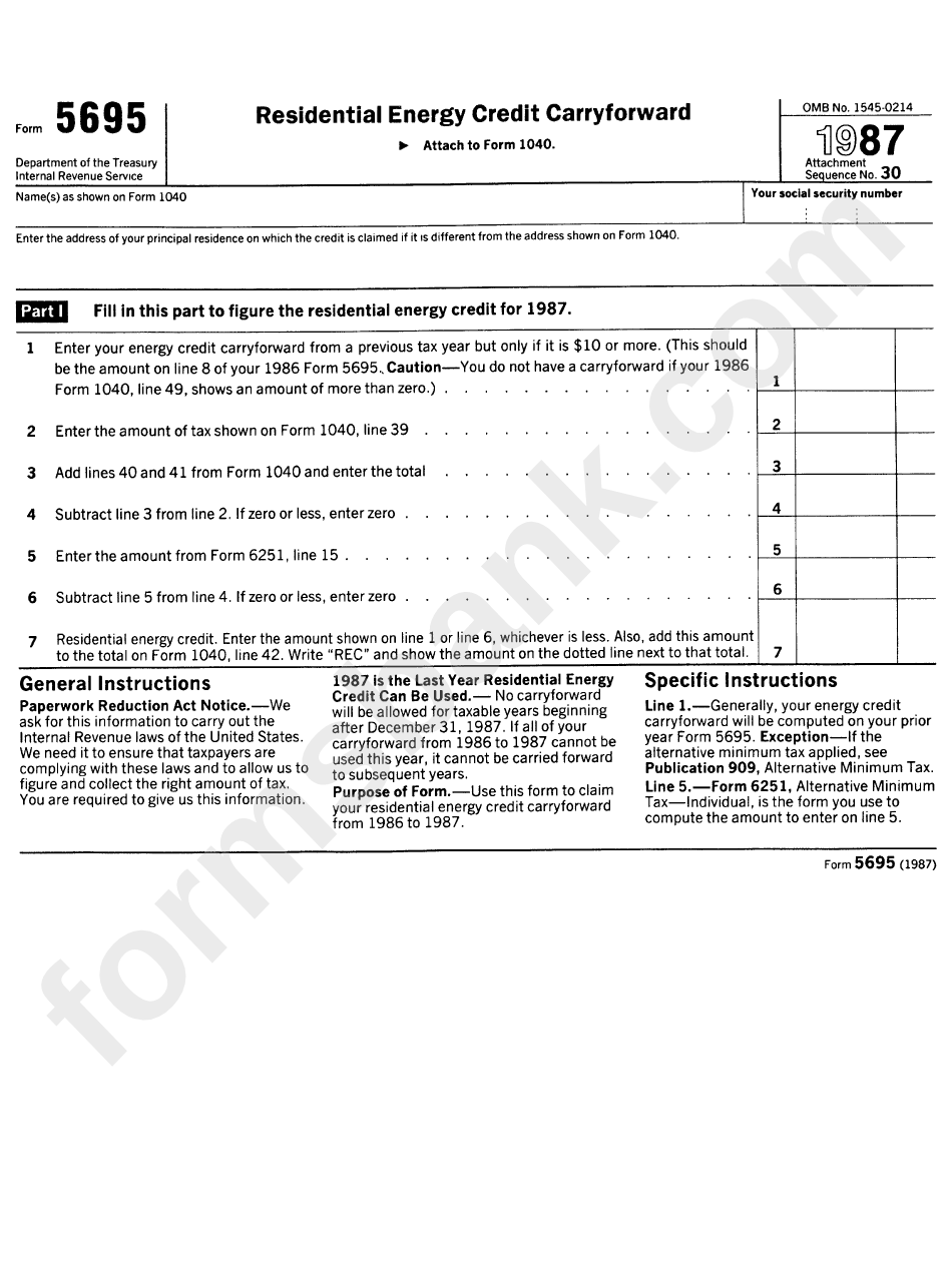 Form 5695 - Residential Energy Credit Carryforward - Internal Revenue Service - 1987