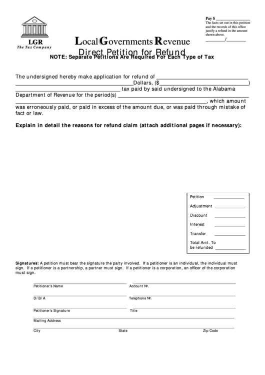 Form Local Governments Revenue Direct Petition For Refund - Alabama Department Of Revenue Printable pdf