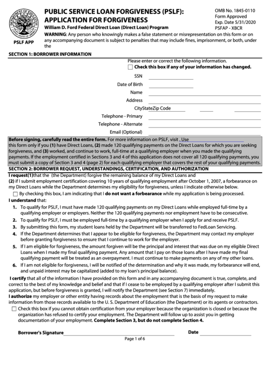 Application For Forgiveness - Public Service Loan Forgiveness (Pslf) - U.s. Department Of Education Printable pdf