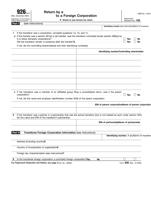 Fillable Form 926 - Return By A U.s. Transferor Of Property To A Foreign Corporation - Internal Revenue Service Printable pdf