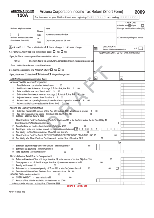 Form 120a Draft - Arizona Corporation Income Tax Return (Short Form) - 2009 Printable pdf