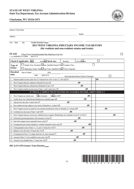 Form It-141 - West Virginia Fiduciary Income Tax Return - 2013 Printable pdf