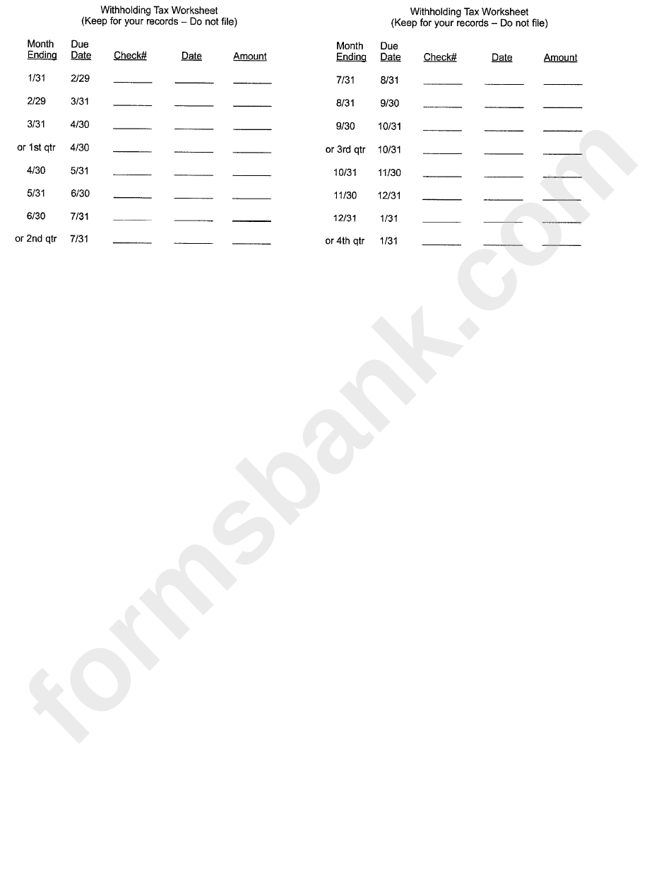 Withholding Tax Worksheet - City Of Brooklyn, Ohio Income Tax Division