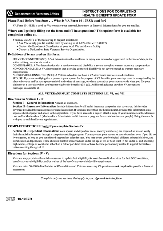 Fillable Va Form 10-10ezr - Heath Benefits Update Form - Department Of Veterans Affairs Printable pdf