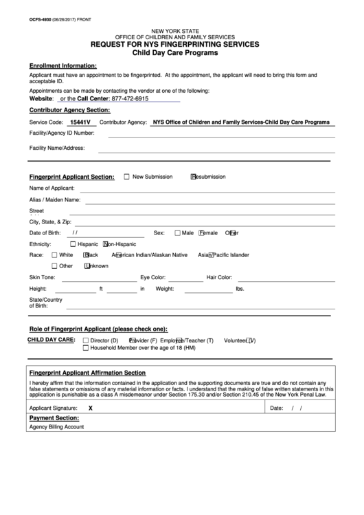 Form Ocfs-4930 - Request For Nys Fingerprinting Services - Nys Office Of Children And Family Services Printable pdf