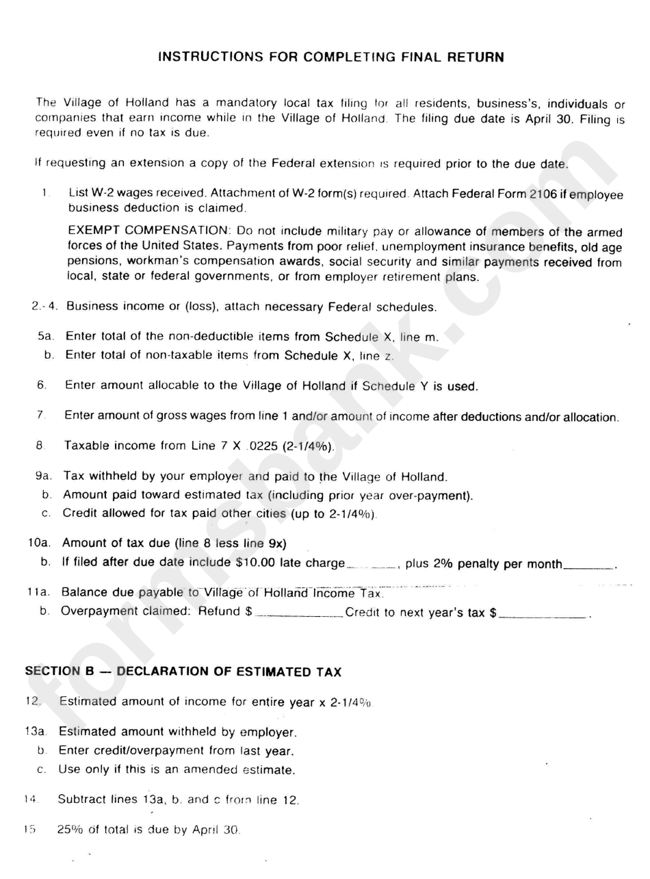Instructions For Completing Final Return - Village Of Holland, Ohio Income Tax