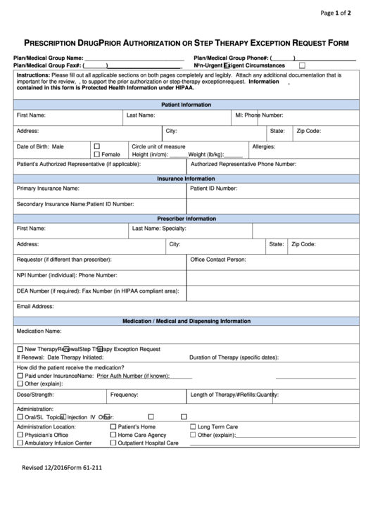 Fillable Form 61-211 - Prescription Drug Prior Authorization Request Form Printable pdf