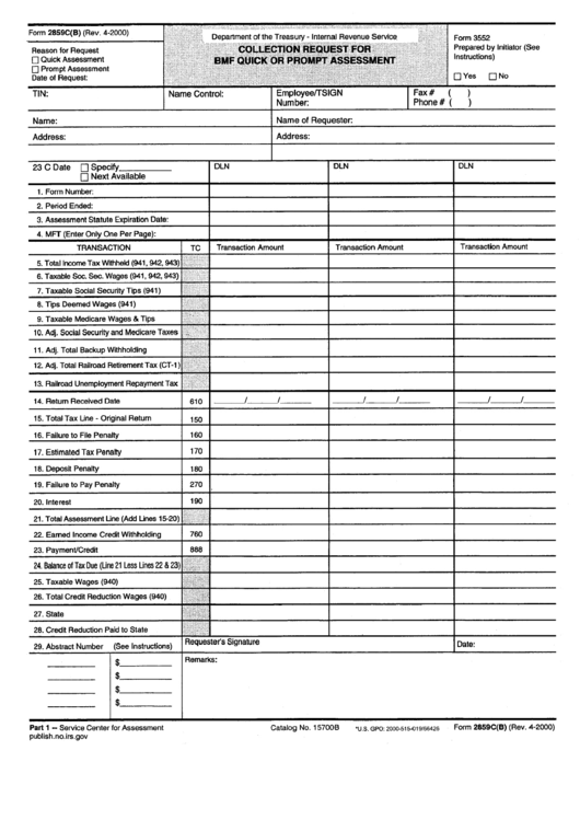 Form 2589c(B) - Collection Request For Bmf Quick Or Promt Assessment - Internal Revenue Service Printable pdf