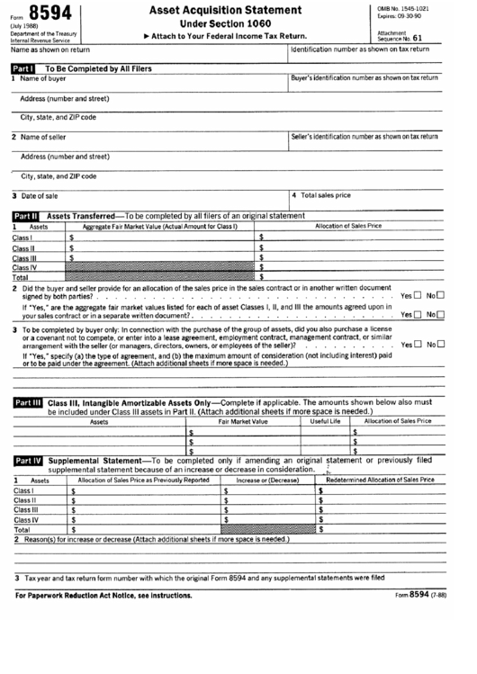 Form 8594 - Asset Acquisition Statement Under Section 1060 - Internal Revenue Service Printable pdf