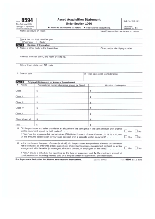 Form 8594 - Asset Acquisition Statement Under Section 1060 - Internal Revenue Service Printable pdf