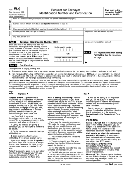Fillable Form W-9 - Request For Taxpayer Identification Number And Certification - Internal Revenue Service Printable pdf