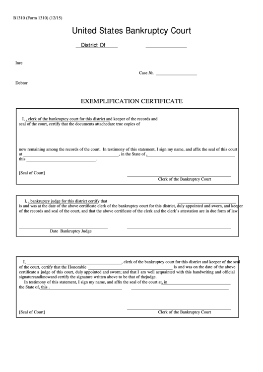 Form 1310 - Exemplification Certificate - United States Bankruptcy Court Printable pdf