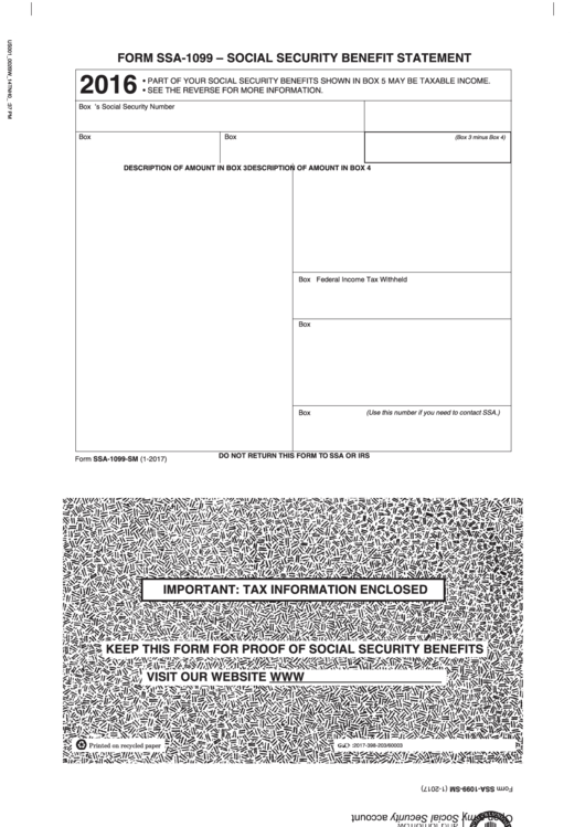 Form Ssa-1099 - Social Security Benefit Statement - Social Security Administration - 2016 Printable pdf