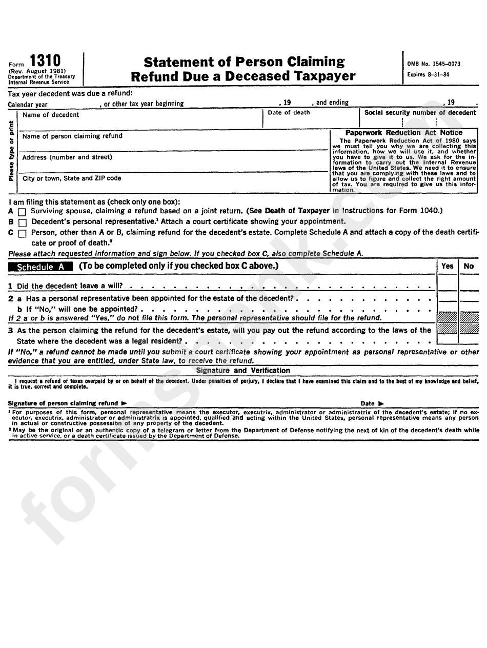 Form 1310 - Statement Of Person Claiming Refund Due A Deceased Taxpayer