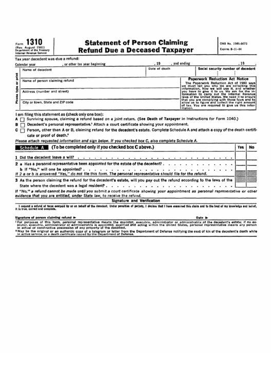 Form 1310 - Statement Of Person Claiming Refund Due A Deceased Taxpayer Printable pdf