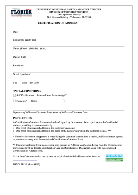 Fillable Form Hsmv 71120 - Certification Of Address Printable pdf
